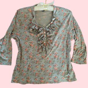 Y2K Ruffled Floral Top Size XL Fairy Romantic Dainty Feminine Green Pink Cotton